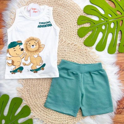 Conj. Regata Fun&Cool Adventure e Bermuda - Off White e Verde Musgo